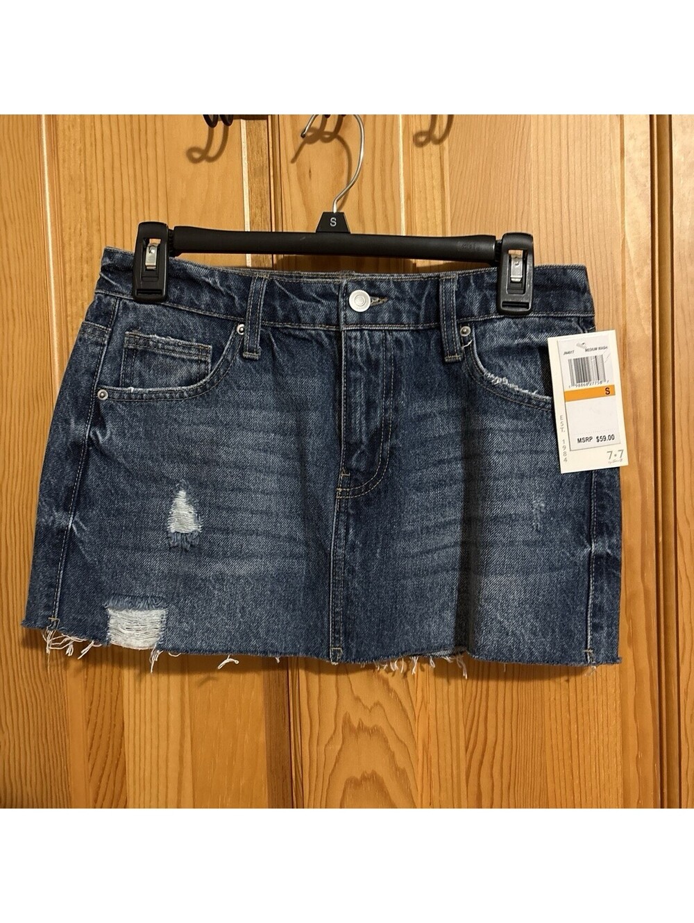 Seven7 Women’s Blue Medium Wash Distressed Frayed Denim Mini Skirt Size S NWT